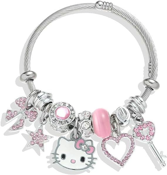 Aimery Kitty Charms Bracelet - Kawaii DIY Cartoon Bangle with Cubic Zirconia - Cute Jewelry Gift for Wife, Girlfriend, Daughter - Perfect for Birthday, Anniversary, Valentine's Day Gifts