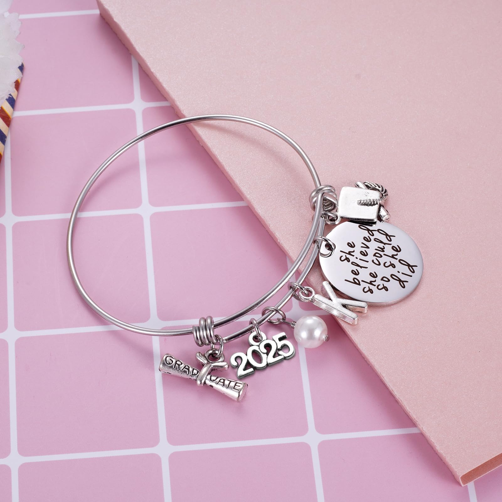 Ukodnus Class of 2025 Graduation Gift Bracelet - Personalized 26 Initial Charm Bracelet for High School & College Seniors - Inspirational Graduation Jewelry for Women - Perfect Gift for Graduation Ceremony, Senior Week & Alumni Reunions