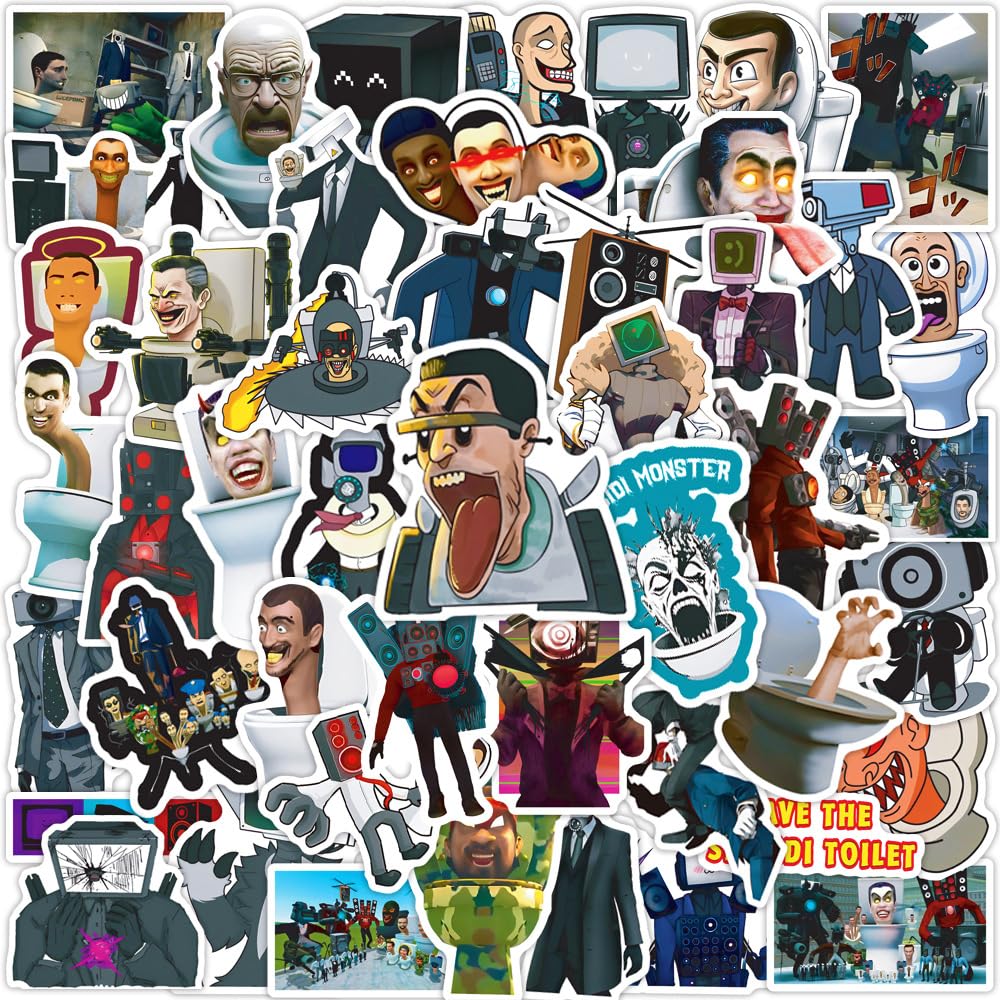 50PCS Skibidi Toilet Game Stickers Pack - Cute Cartoon Character Vinyl Decals for Kids, Teens & Adults - Waterproof Kawaii Stickers for Water Bottles, Laptops, Luggage & Guitars - Perfect for School, Travel & Gaming Accessories