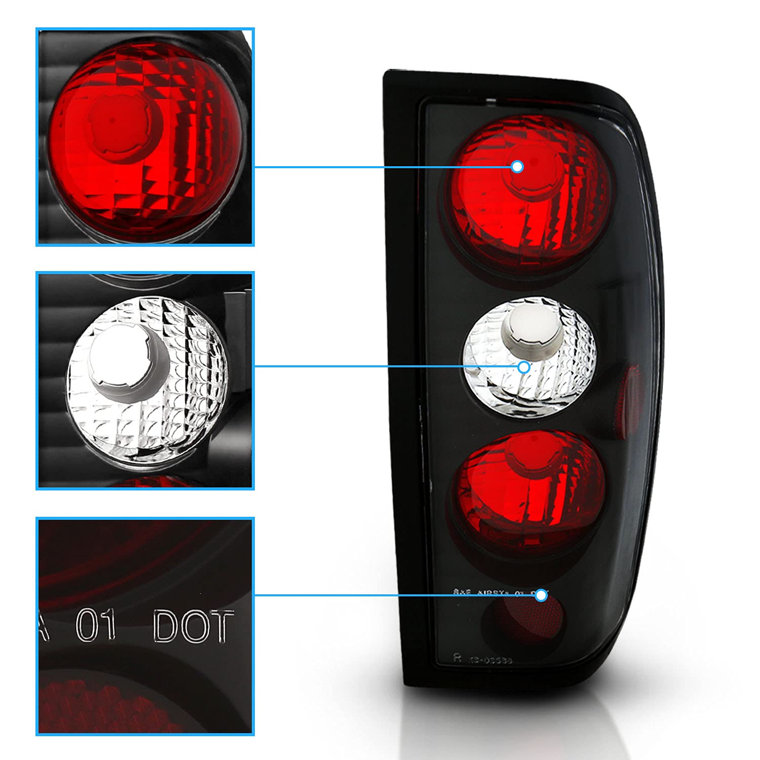 1998-2004 Nissan Frontier Euro Clear Black OE Replacement Tail Lights Brake Lamps Set - Driver & Passenger Side - Perfect for Night Driving & Enhanced Vehicle Safety