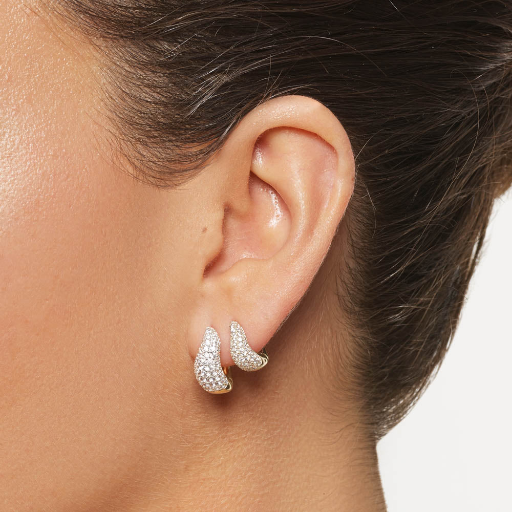 14K Gold Mini White Topaz Pave Wave Dome Huggie Earrings for Women - Elegant Everyday Wear & Special Occasions