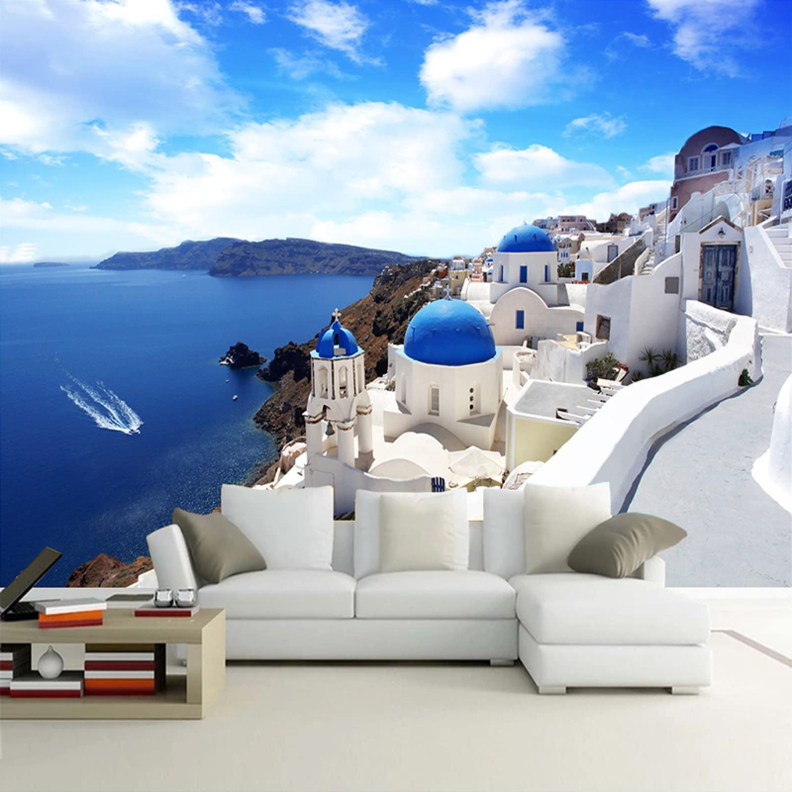 3D Modern Art Mediterranean City & Blue Sea Landscape Wallpaper - Large Panoramic Wall Mural for Living Room & Bedroom (79