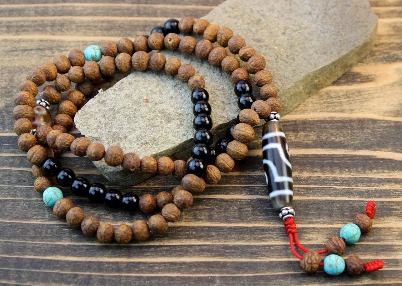 3 Eye Dzi Bead Necklace - Genuine Onyx & Raktu Seed Beads for Protection & Good Luck | Spiritual Jewelry for Meditation, Yoga & Buddhist Practices