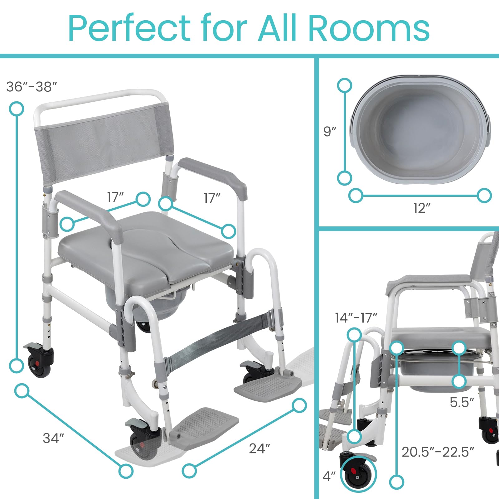 Vive 3-in-1 Rolling Commode & Shower Chair with Wheels - Adjustable Height Transport Wheelchair for Bathroom & Bedside Use - Mobility Aid for Disabled Adults, Elderly & Seniors - FSA/HSA Eligible - Ideal for Home Care, Post-Surgery Recovery & Assisted Living Facilities