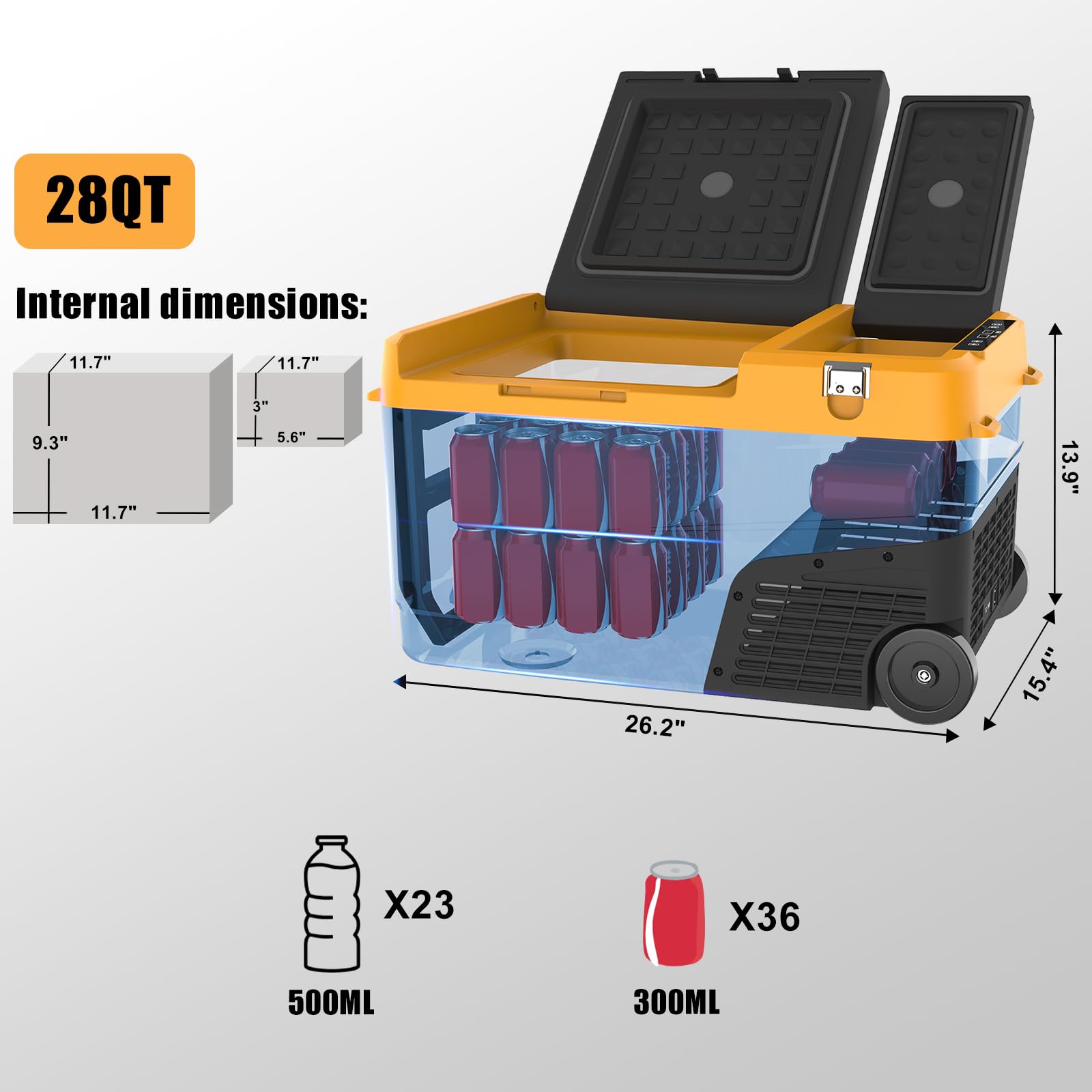 12V 28 Quart Portable Car Refrigerator - Electric Cooler Freezer with Wheels & App Control (-4°F to 68°F) | 12/24V DC & 100-240V AC | Perfect for Road Trips, Camping, RV Travel & Truck Use | Compact Fridge for Food, Drinks & Medicine Storage