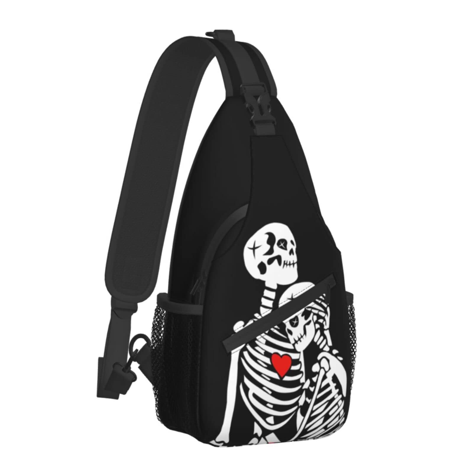 Skull Love Heart Crossbody Sling Bag for Women & Men - Lightweight Chest Shoulder Backpack for Hiking, Travel, Cycling & Outdoor Activities - Small Casual Daypack with Adjustable Strap