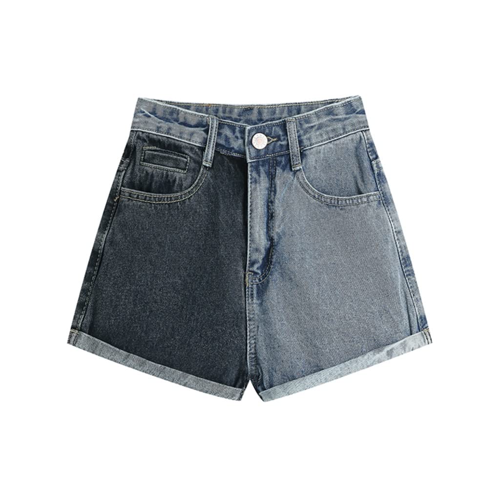 **Vintage Patchwork Denim Shorts for Women - High Waist Wide Leg Distressed Jean Shorts - Casual Streetwear Summer Fashion (Blue, Size S) - Perfect for Beach, Music Festivals & Everyday Wear**