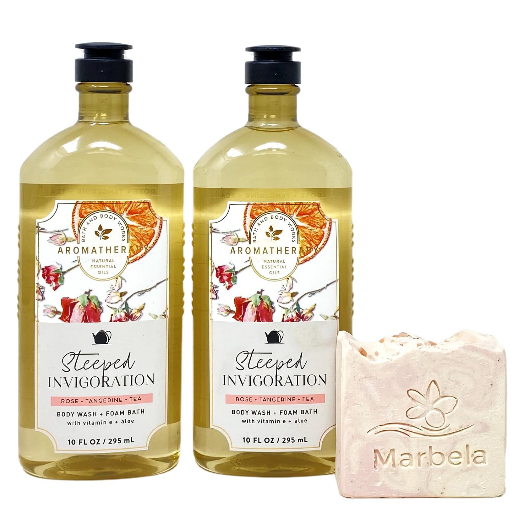 Bath & Body Works Aromatherapy Body Wash & Foam Bath Set - Rose, Tangerine & Tea Scent (2-Pack) with Himalayan Salt Bar Soap | Stress Relief & Relaxation for Shower & Bath Time