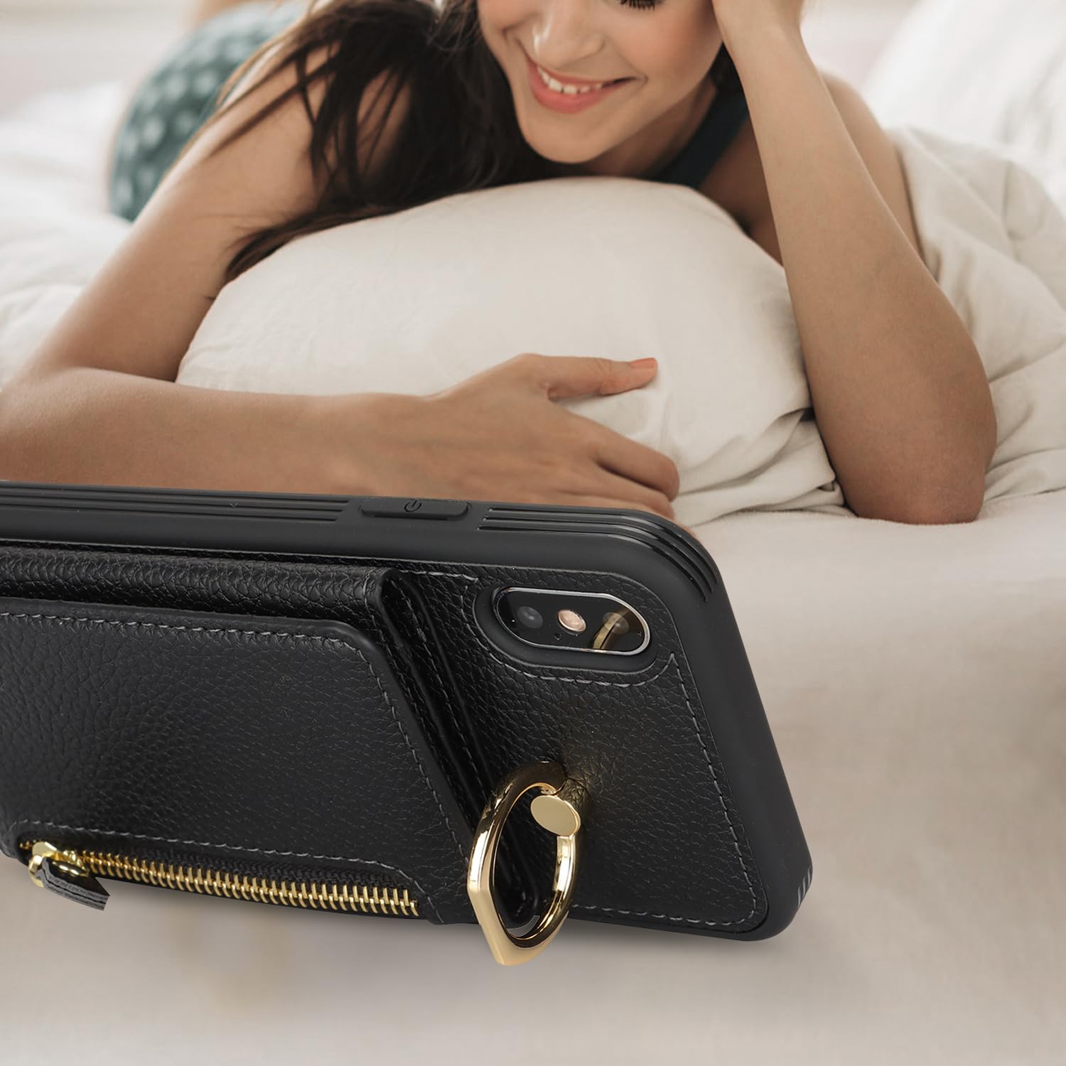 Premium PU Leather iPhone X/Xs Wallet Case with Card Holder, Crossbody Strap & Stand Ring - Secure Zipper Pocket for Cards & Cash - Stylish & Functional Phone Case for Women - Perfect for Travel, Shopping & Daily Use (Black)