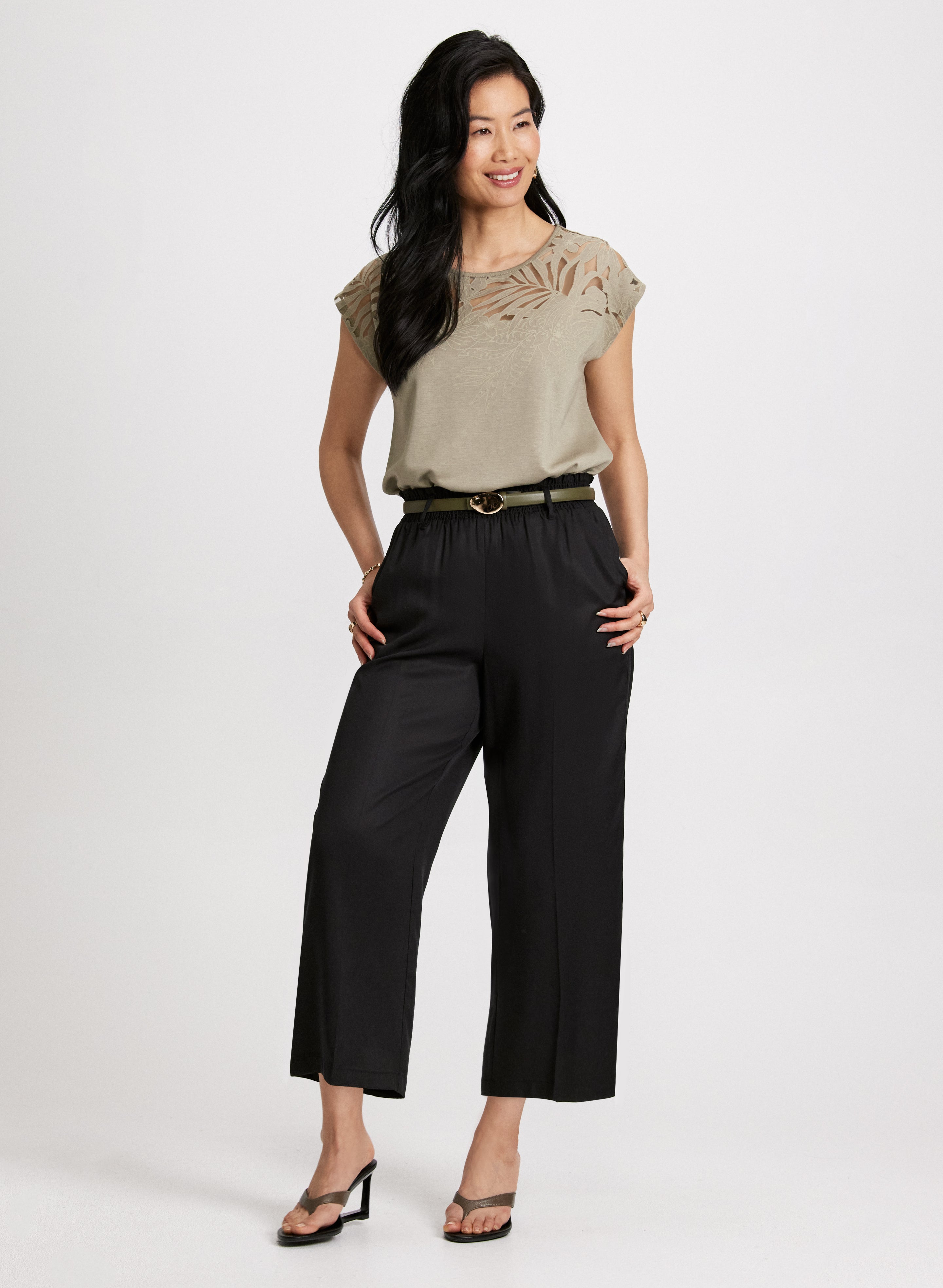 Floral Trim Burnout Tee & Belted Elastic Waist Pants Set - Women's Casual Outfit for Spring Summer | Perfect for Brunch, Shopping & Date Nights