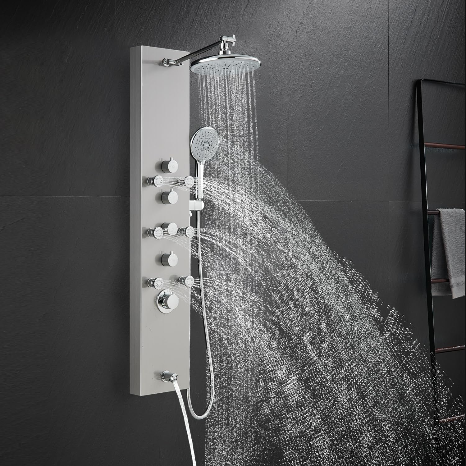 4-Function Luxury Shower Panel System with Rainfall Shower Head, Adjustable Body Jets, Handheld Spray & Tub Spout - Brushed 304 Stainless Steel Shower Tower Column for Spa-Like Bathroom Experience