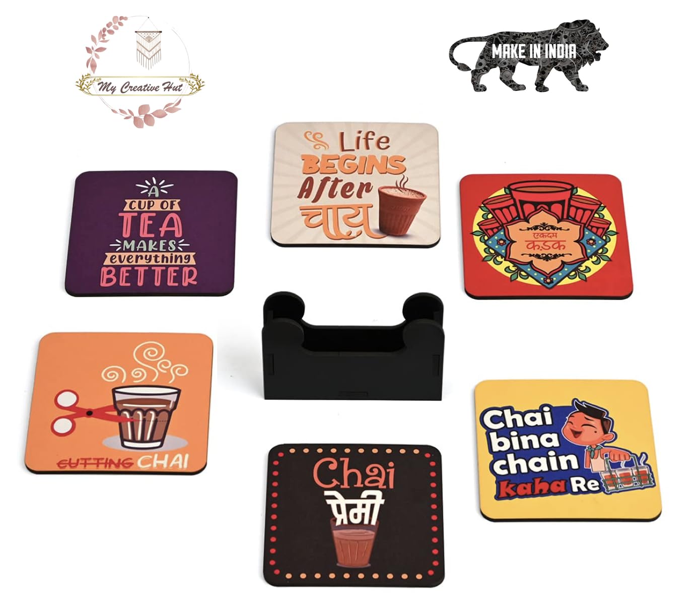My Creative Hut Set of 6 Tea Coasters - Beautiful Absorbent Cork Drink Coasters for Tea Cups, Coffee Mugs & Glasses with Stand - Perfect for Home, Office & Diwali Gifting (Chai Nukkad) - Protect Tables from Spills & Stains