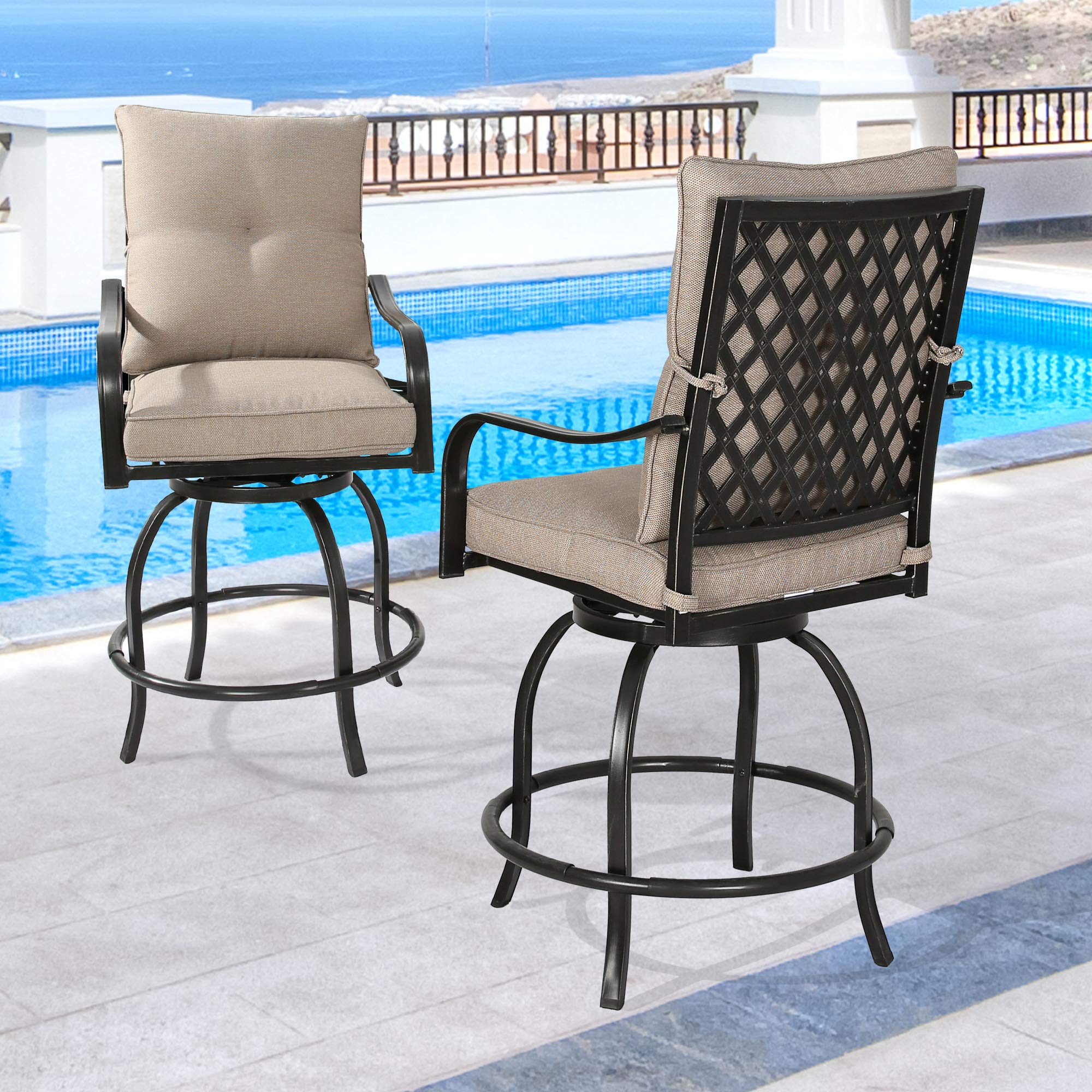 **Outdoor Counter Height Bar Stools Set of 2 - Swivel Patio Bar Chairs with Waterproof Polyester Cushions - Perfect for Backyard, Deck, and Poolside Dining**