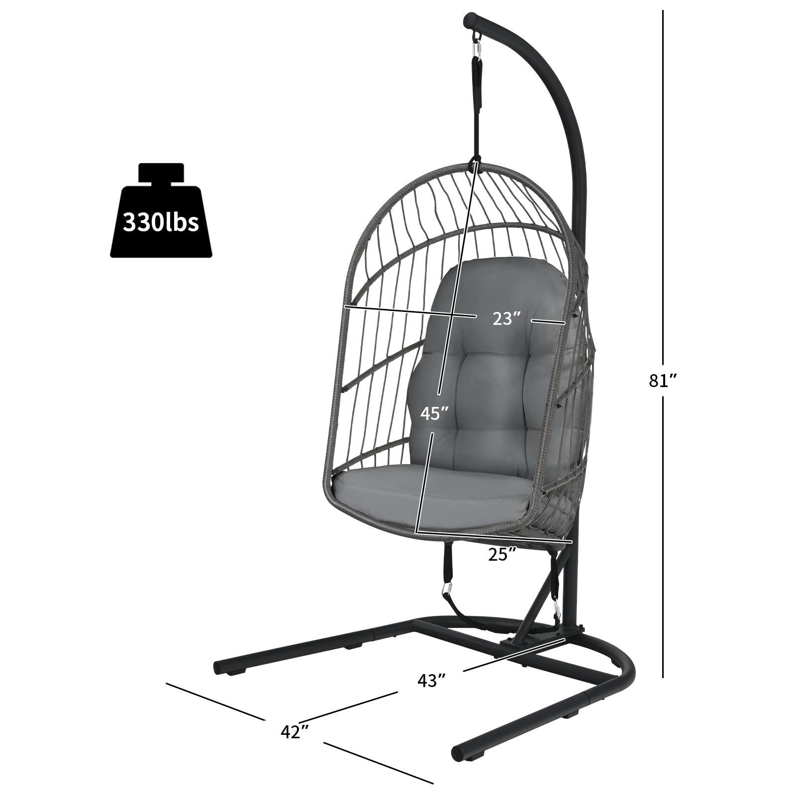 Giantex Foldable Hanging Egg Chair with Stand - Indoor/Outdoor Rattan Swing Chair with Cushions & C-Shaped Hammock Stand - Perfect for Bedroom, Balcony, Patio & Backyard Relaxation (Grey)
