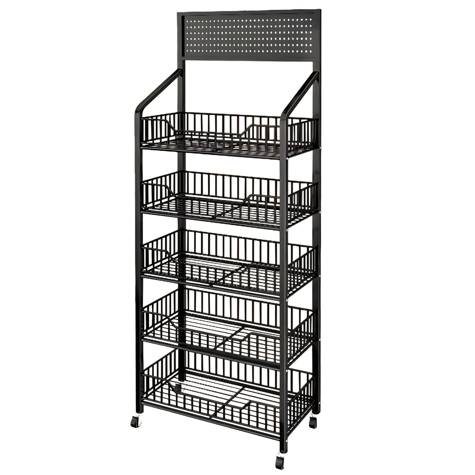 5 Tier Supermarket Snack Rack Display Stand - Free Standing Black Metal Retail Shelves with 12 Hooks & 4 Wheels - Large Commercial Snack Shelf for Convenience Stores, Grocery Shops & Supermarkets - Perfect for Organizing Chips, Candy, Drinks & Retail Merchandise Display