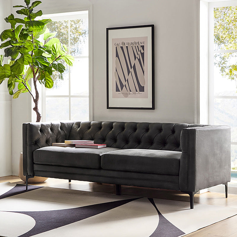 84'' Vegan Leather Tufted Sofa - Modern Faux Leather Couch for Living Room, Office & Lounge - Comfortable Mid-Century Style Sectional with Button Tufting