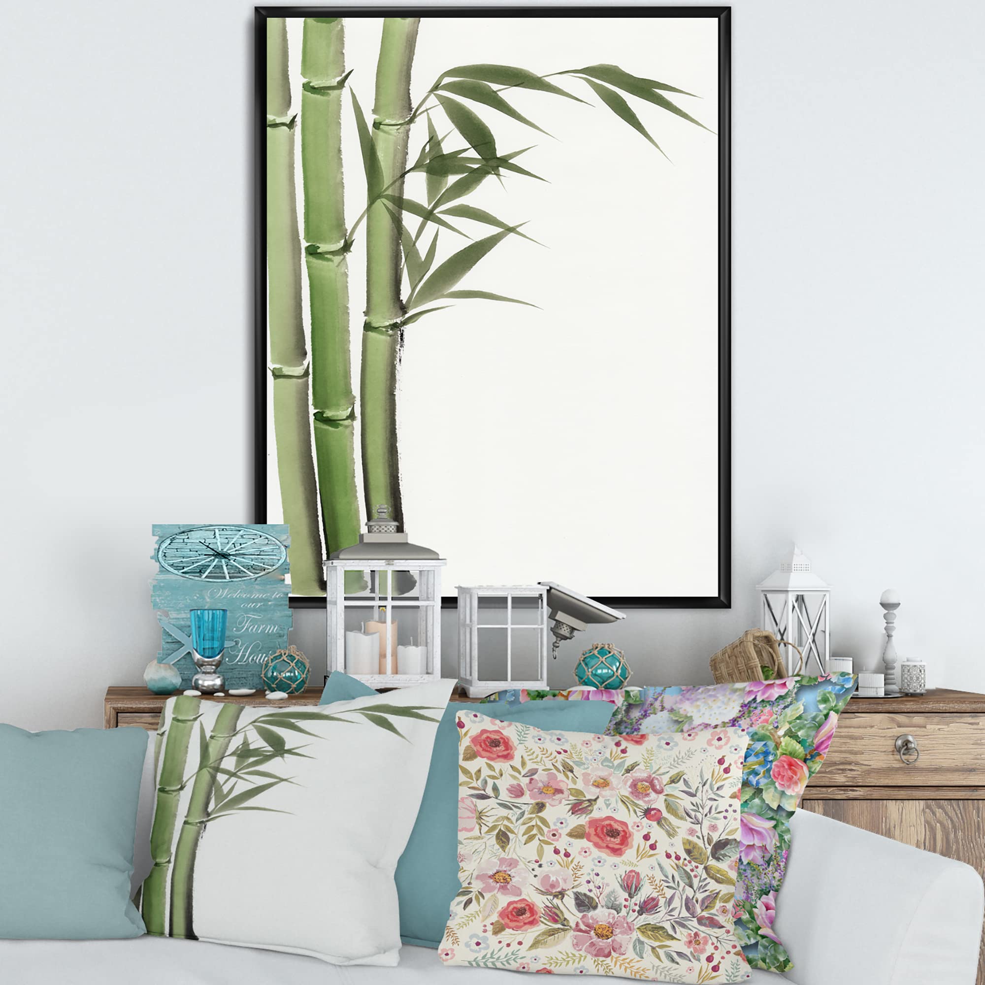 Dark Green Bamboo IV - Traditional Framed Canvas Wall Art Print for Home & Office Decor | Asian Inspired Nature Painting | Living Room, Bedroom, Study Wall Decor