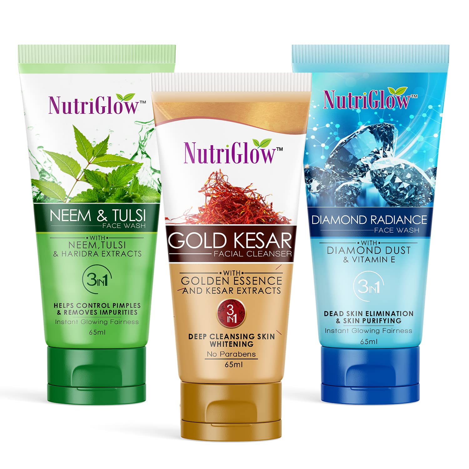 NutriGlow Neem Tulsi Face Wash, Gold Kesar Face Wash & Diamond Radiance Face Wash Set - Brightening, Anti-Wrinkle, 65ml x 3 - Perfect for Daily Skincare Routine & Glowing Complexion