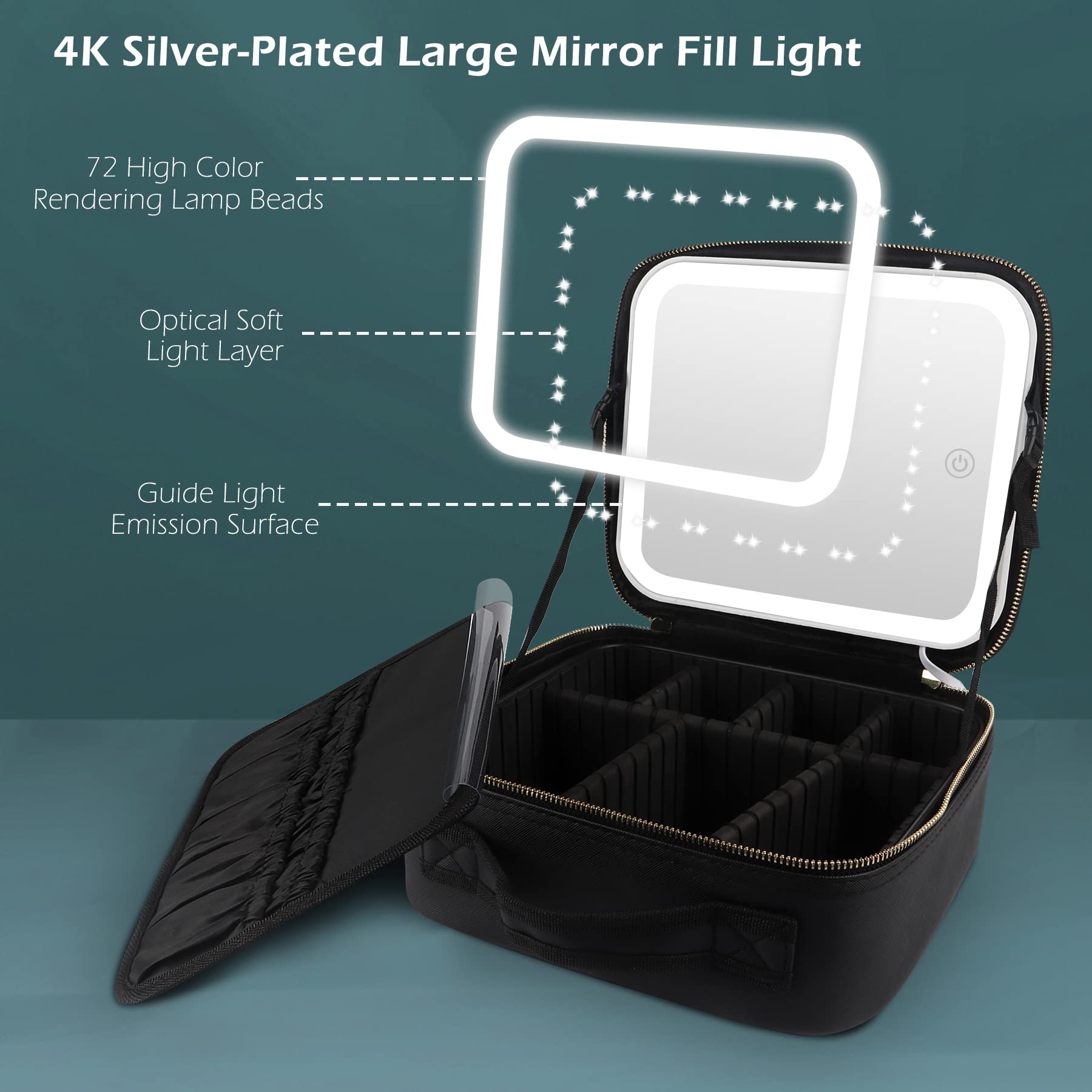 MOMIRA Large Travel Makeup Bag with Lighted Mirror - Adjustable Brightness, 3 Color Modes, Waterproof Cosmetic Organizer - Perfect for Travel, Home, and Gifting (Toiletry Case, Train Case)