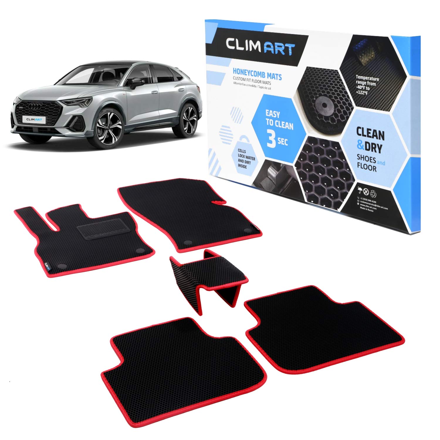 Honeycomb Custom Fit Floor Mats for Audi Q3 Sportback 2020-2022 - All Weather Car Floor Liners for 1st & 2nd Row - Black/Red Car Accessories for Men & Women - Perfect for Daily Commuting, Road Trips and Winter Protection