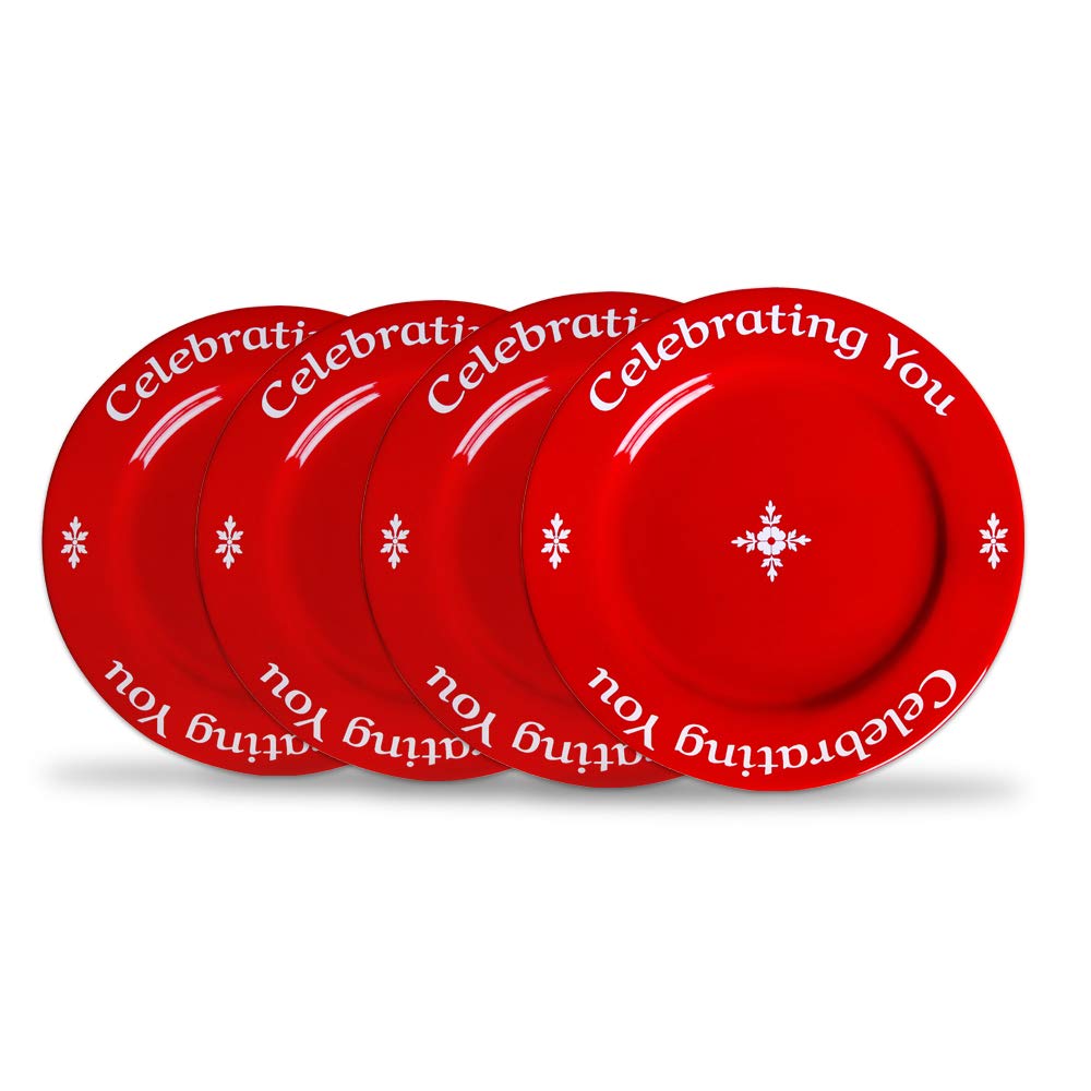 4-Piece Celebrating You Red Dinner Plates Set in Gift Box - Premium Ceramic Plates for Holidays & Special Occasions - Perfect for Christmas, Thanksgiving & Family Gatherings