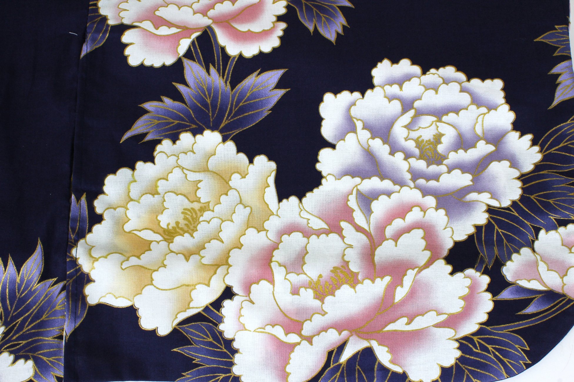 Women's Cotton Kimono Yukata Robe - Navy Blue with Crane & Peony Floral Print - Medium (56