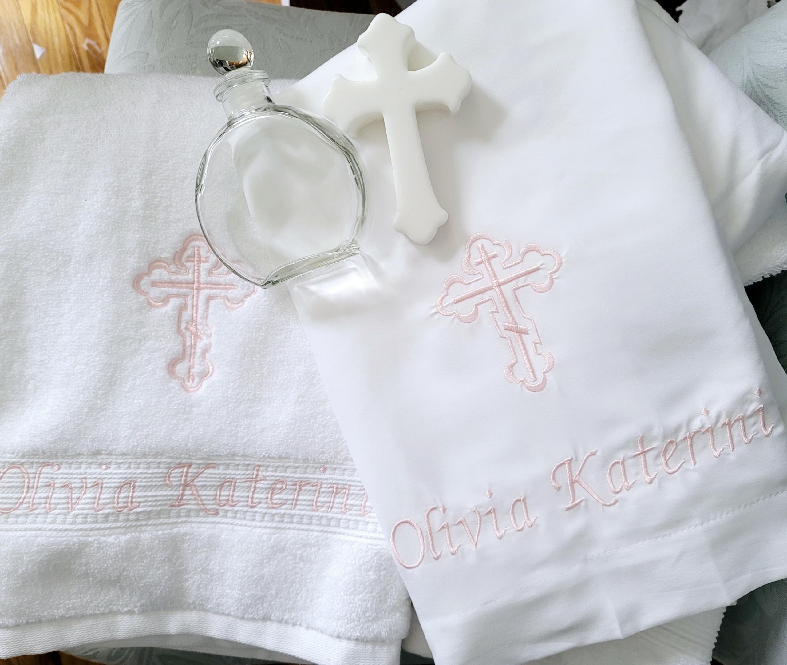 Personalized Greek Orthodox Baptism Gift Set - Embroidered Baptism Towel, Candles, Oil Sheet, Soap & Oil Bottle | Christening Ceremony, Baby Shower, Religious Keepsake