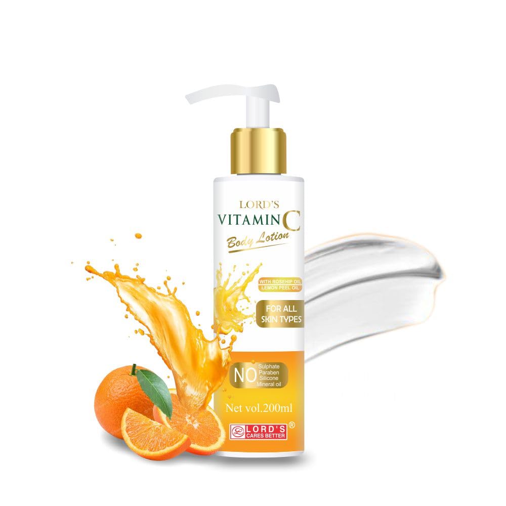 Lords Vitamin C Body Lotion with Rosehip & Lemon Peel Oil - 200ml Hydrating Moisturizer for Dry Skin - Brightening & Anti-Aging Skincare for Face & Body - Perfect for Daily Use & Night Routine
