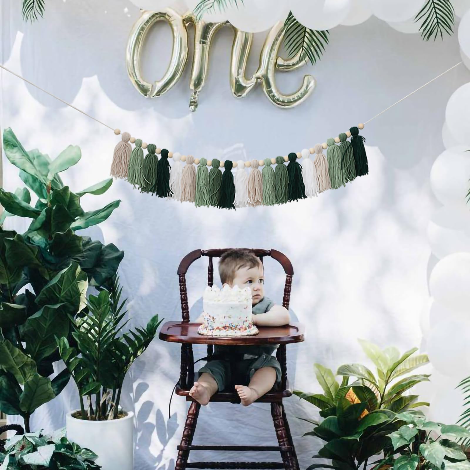 Natural Wood Bead Garland with Green Tassels - Boho Wall Hanging Decor for Nursery, Kids Bedroom, Baby Shower & Birthday Party | Perfect for Bohemian Home Decor and Photo Backdrops