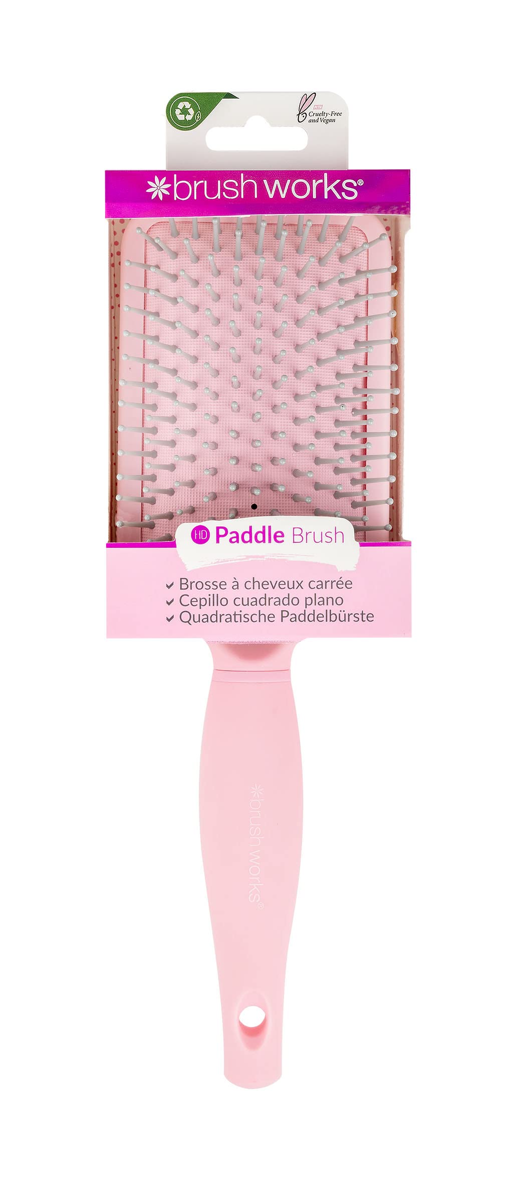 Brushworks Square Paddle Hair Brush - Detangling & Styling for All Hair Types - Perfect for Home, Salon & Travel (Pink)