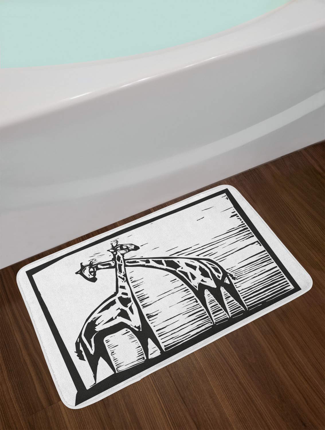 Ambesonne Non-Slip Giraffe Bath Mat - Woodcut Style African Animal Sketch, Charcoal Grey & White Plush Bathroom Rug, 30.2