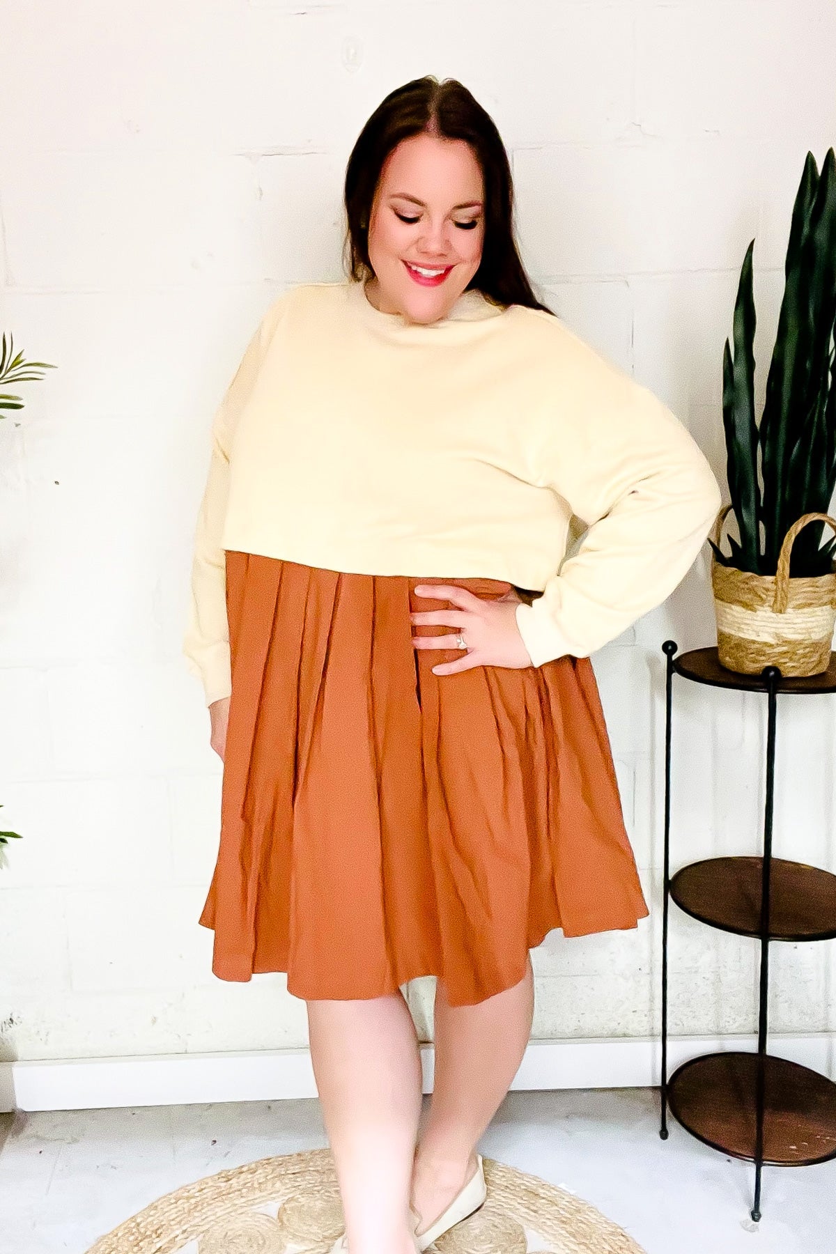 Stylish Bedazzled Cream & Rust Pleated Skirt - French Terry Cotton Dress for Women | Casual & Party Wear | Perfect for Date Nights, Office Outfits & Special Occasions