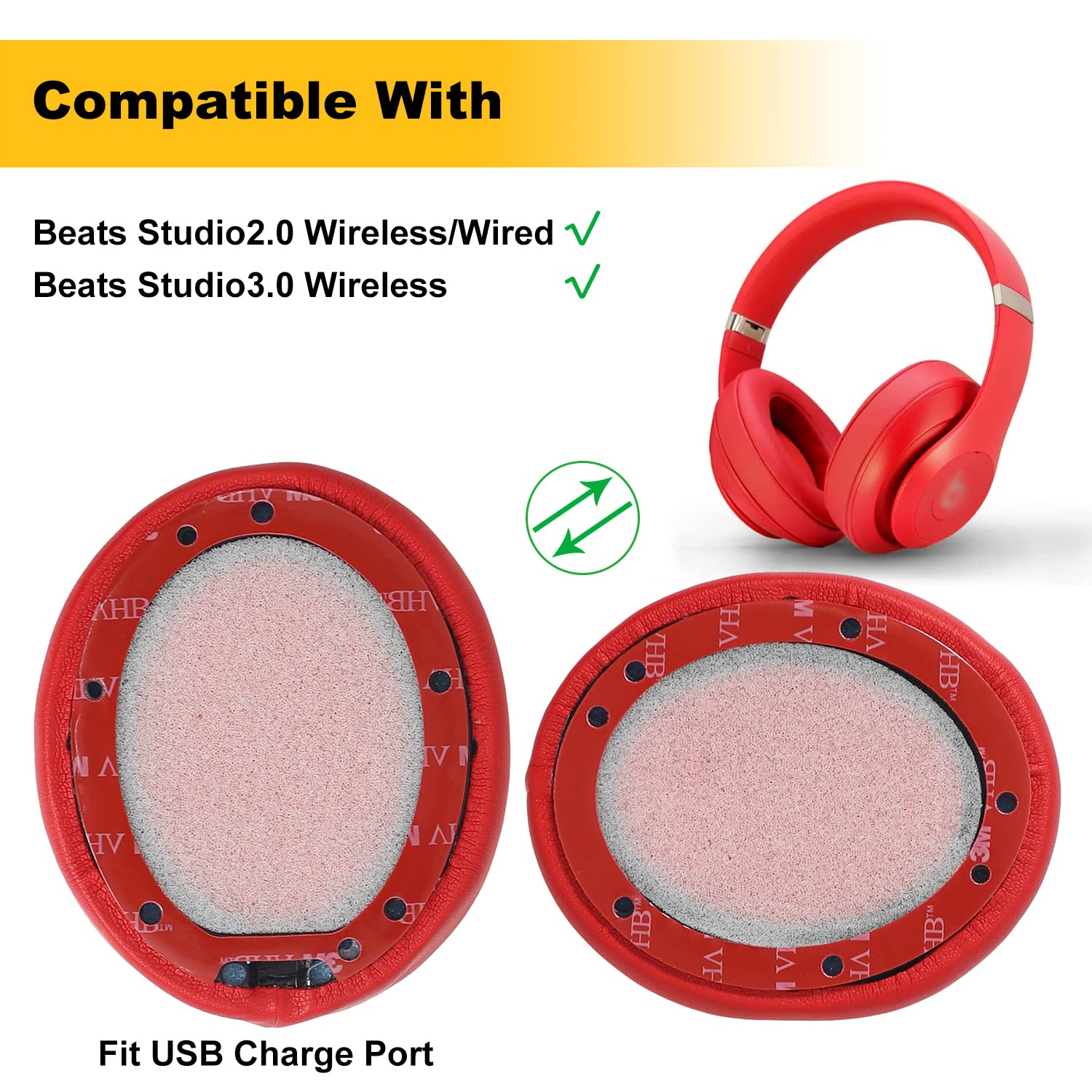 Premium Replacement Ear Pads for Beats Studio 2 & 3 Headphones (B0501, B0500) - Soft Leather & Memory Foam Cushions - Compatible with Wired & Wireless Models - Red - Perfect for Gaming, Music & Travel Comfort
