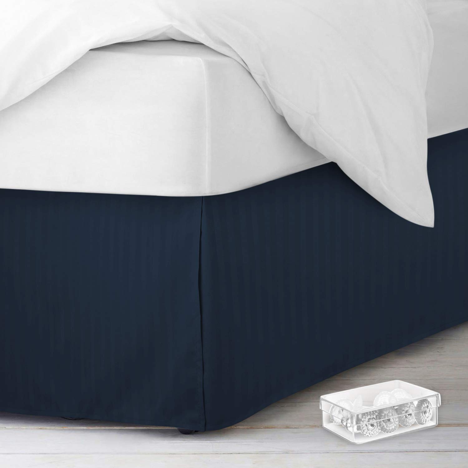 Nestl Full Size Bed Skirt - Premium Damask Dobby Stripe Wrap Around Bed Skirt for Full Size Beds - Double Brushed Microfiber 14 Inch Tailored Drop Pleated Bed Ruffle with Secure Skirt Pins - Navy Blue - Perfect for Guest Rooms, Master Bedrooms & Hotel Style Decor