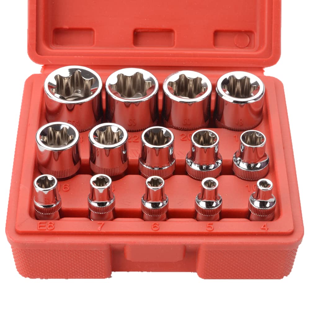 FLZOSPER 14-Piece Female E-Torx Star Socket Set - E4 to E24 Torque Sockets, 1/4