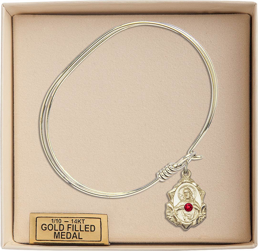 7 Inch Oval Eye Hook Bangle Bracelet with Scapular Medal Charm & July Red Crystal - Elegant Jewelry for Women, Perfect for Daily Wear, Parties, and Gifts