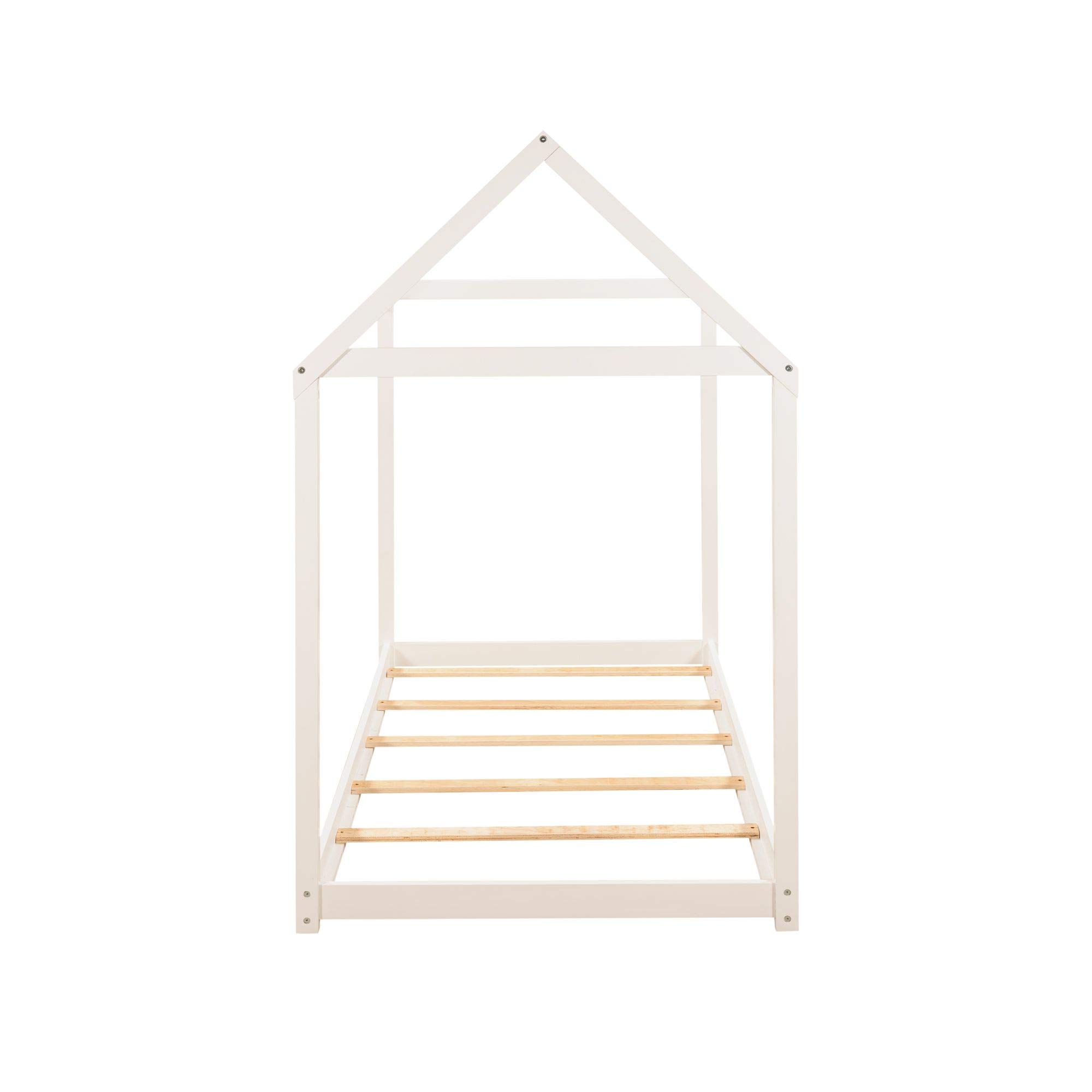 **Sturdy Twin House Bed with Roof & Slat Support - Low Platform Daybed for Toddlers & Teens - White Children's Bedroom Furniture - Perfect for Nursery, Playroom & Kids' Bedroom Decor**
