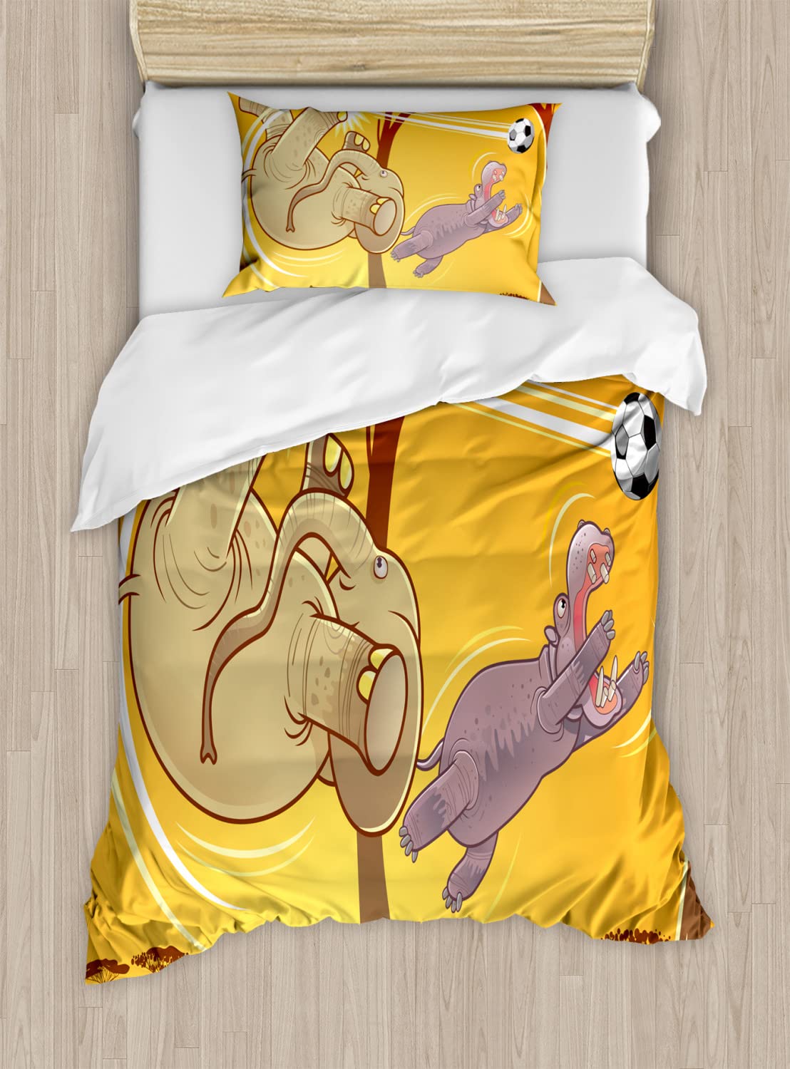 Ambesonne Animal Duvet Cover Set - Hippo Playing Football Cartoon Print King Size Bedding (2 Duvet Covers & 4 Pillowcases) - Orange Umber Purple Design for Kids Room, Teen Bedroom & Dorm Decor