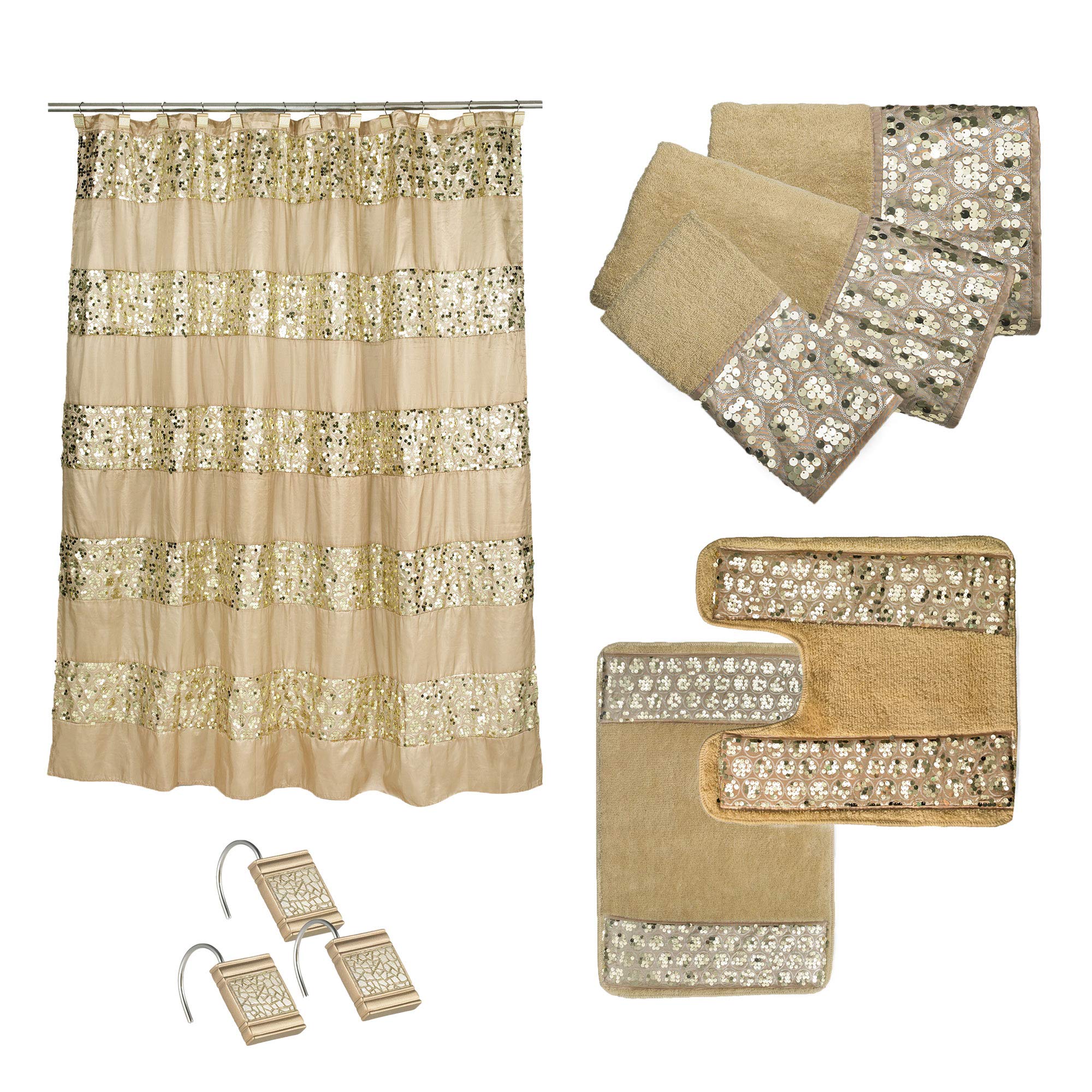 7-Piece Bathroom Accessory Set - Shower Curtain with Hooks, 3-Piece Towel Set, Contour Mat & Bath Rug in Gold | Complete Luxury Bath Decor for Modern Homes & Spa-Like Experience