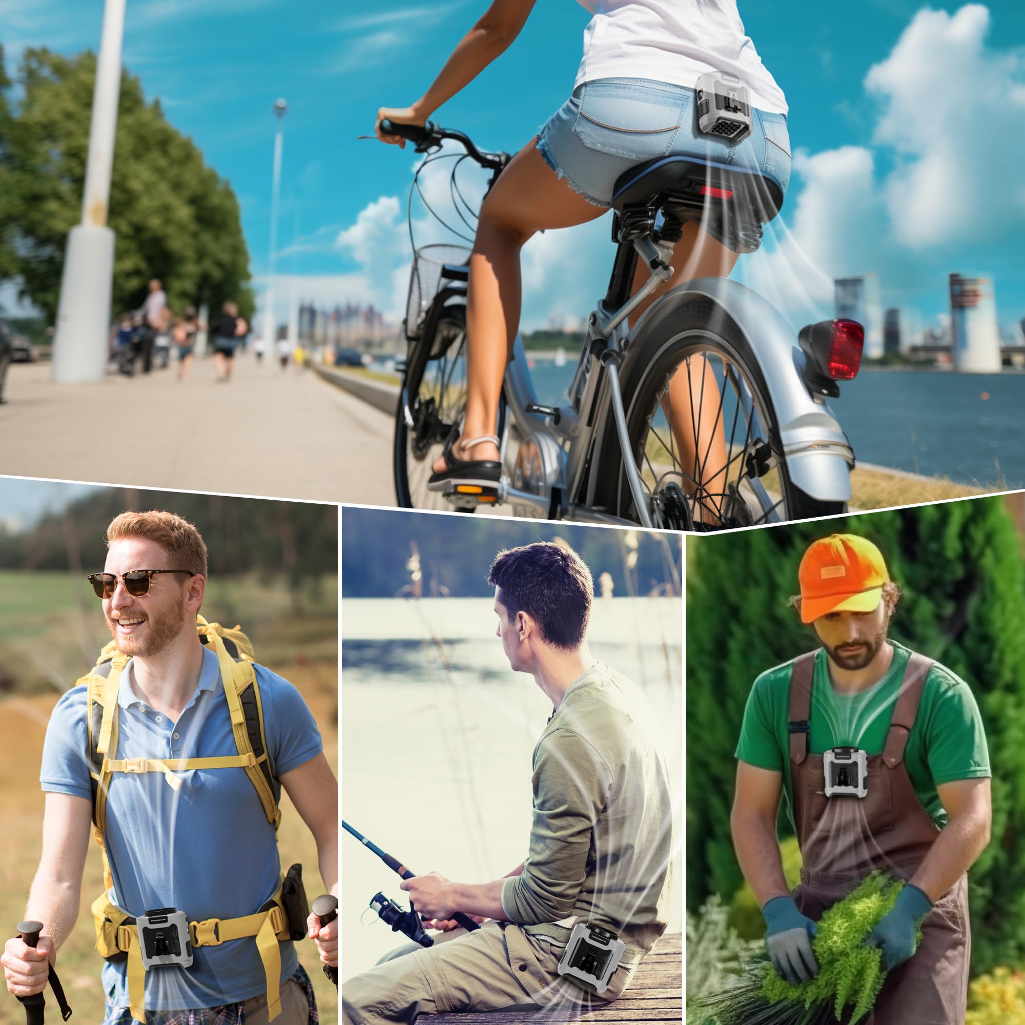 10000mAh Rechargeable Portable Waist Fan - 5 Speed Adjustable (16000RPM) Hands-Free Wearable Cooling Fan with Dual Clip & LED Flashlight - Perfect for Outdoor Work, Construction Sites, Camping, Hiking, and Summer Travel