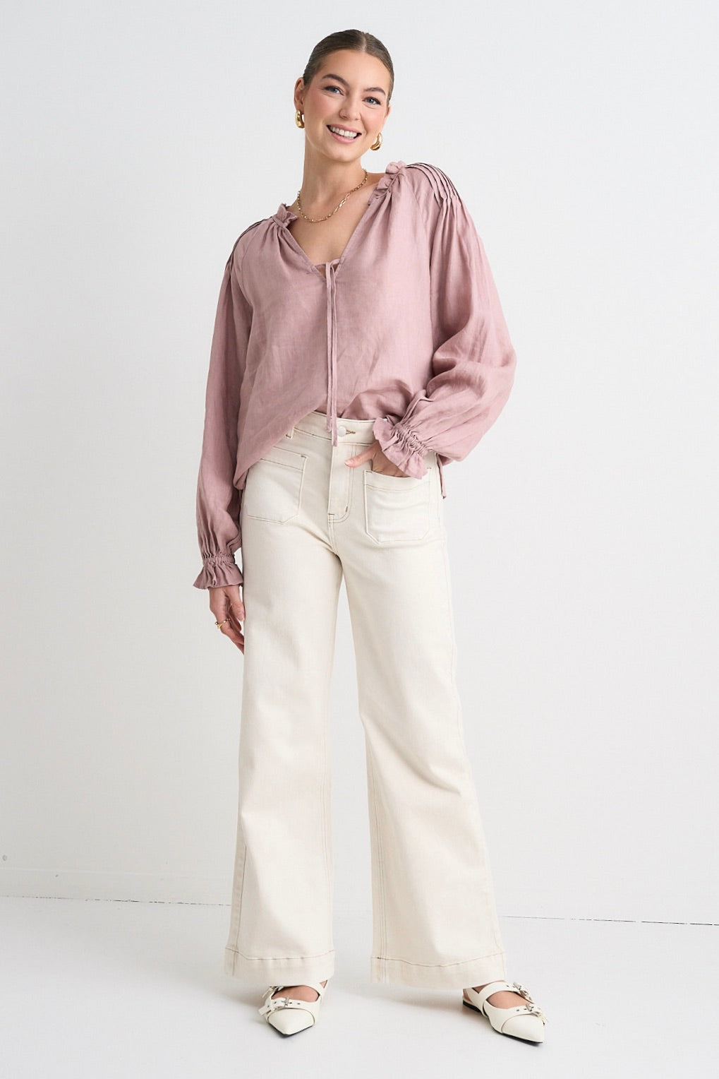 Birch Pink Clay Linen Pintuck Shoulder Tie Neck Top - Women's Elegant Blouse for Casual Wear, Office & Date Night Outfits