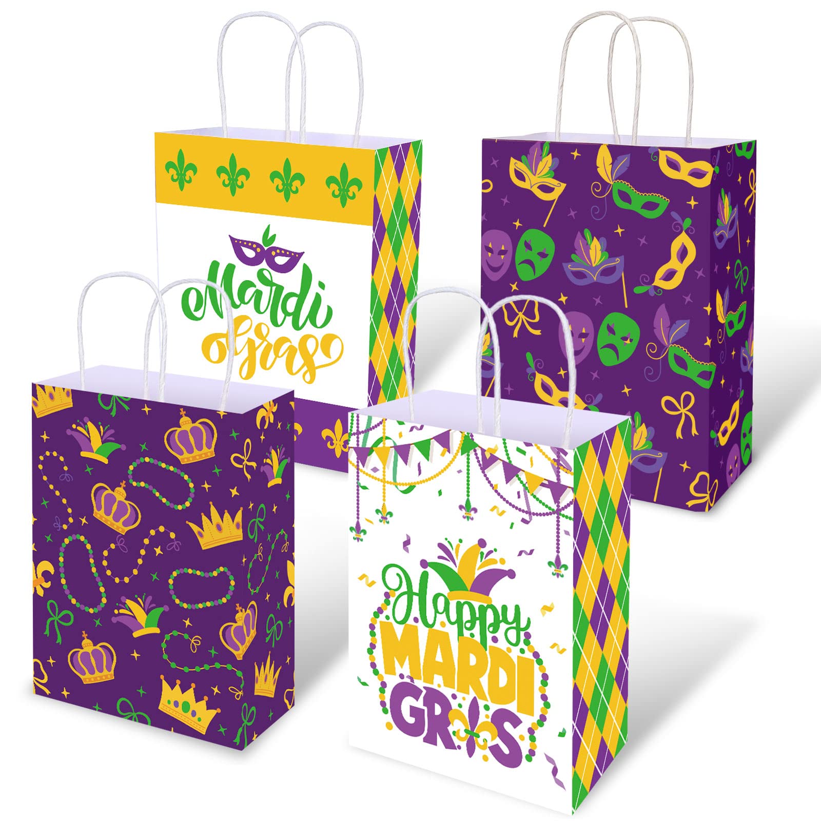 Whaline 20 Pack Mardi Gras Party Favor Bags with Handles - Assorted 4 Designs Including Crown, Mask & Gold Coins - Perfect for Gift Wrapping, Birthday Parties, Carnival Celebrations & Festive Events