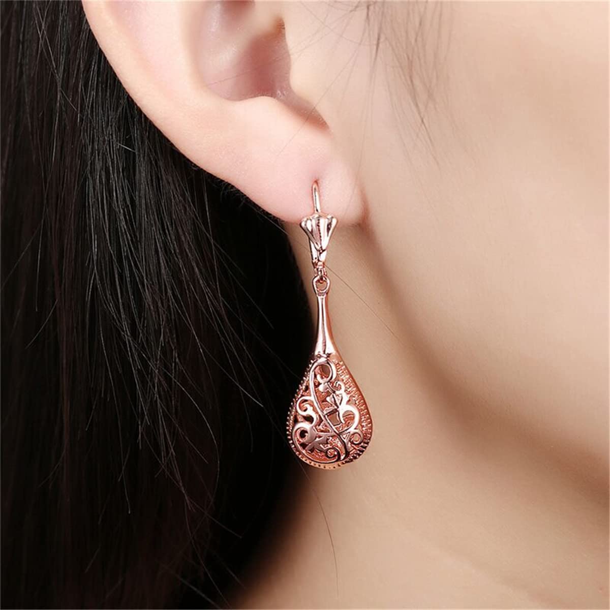 18K Rose Gold Plated Filigree Teardrop Leverback Earrings for Women - Elegant Dangle Earrings for Parties, Weddings & Special Occasions