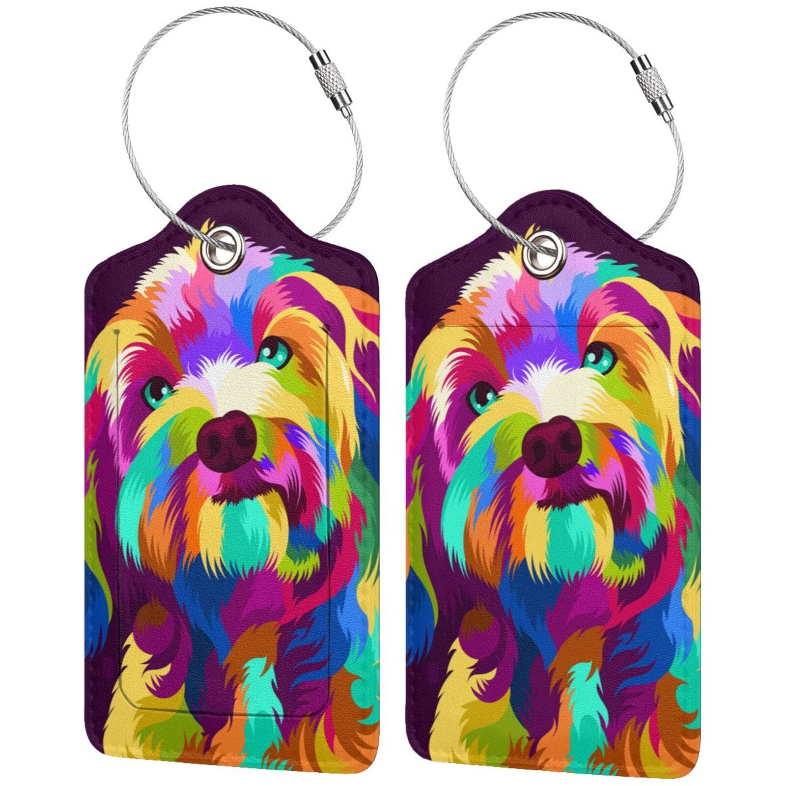 2 Pack Colorful Dog Luggage Tags - Printed Leather Suitcase ID Tags for Women, Girls & Kids - Artistic Animal Travel Backpack Labels with Privacy Cover for Name Card - Perfect for Vacation, School Trips & Pet Lovers