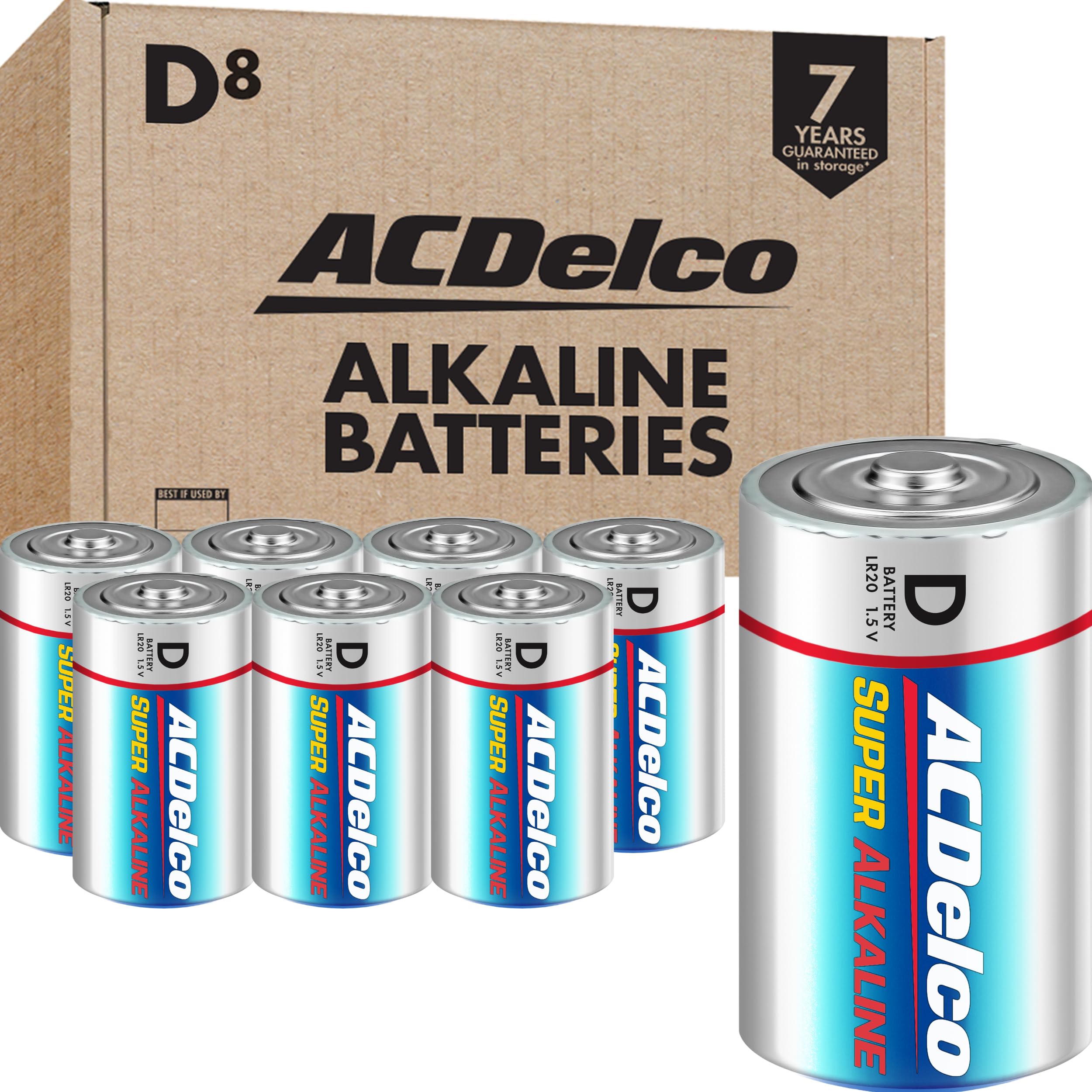 ACDelco 8-Pack Super Alkaline D Batteries - Long Lasting Power, 7-Year Shelf Life, Resealable Packaging - Ideal for Flashlights, Toys, and Emergency Kits