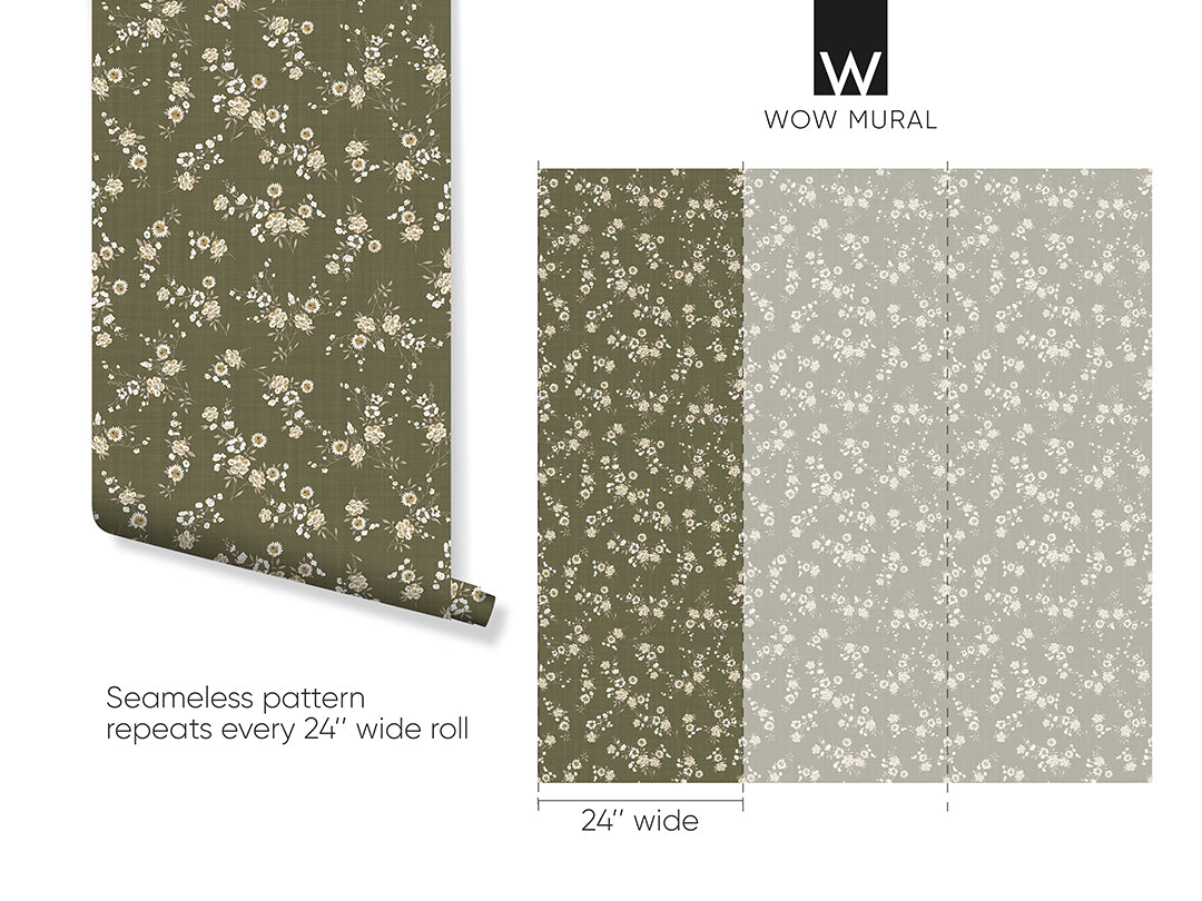 Olive Green Mini Floral Wallpaper W149 - Self-Adhesive Peel & Stick Wallpaper for Bedroom, Living Room, Nursery Decor - Easy to Install Removable Wallpaper for Home Renovation