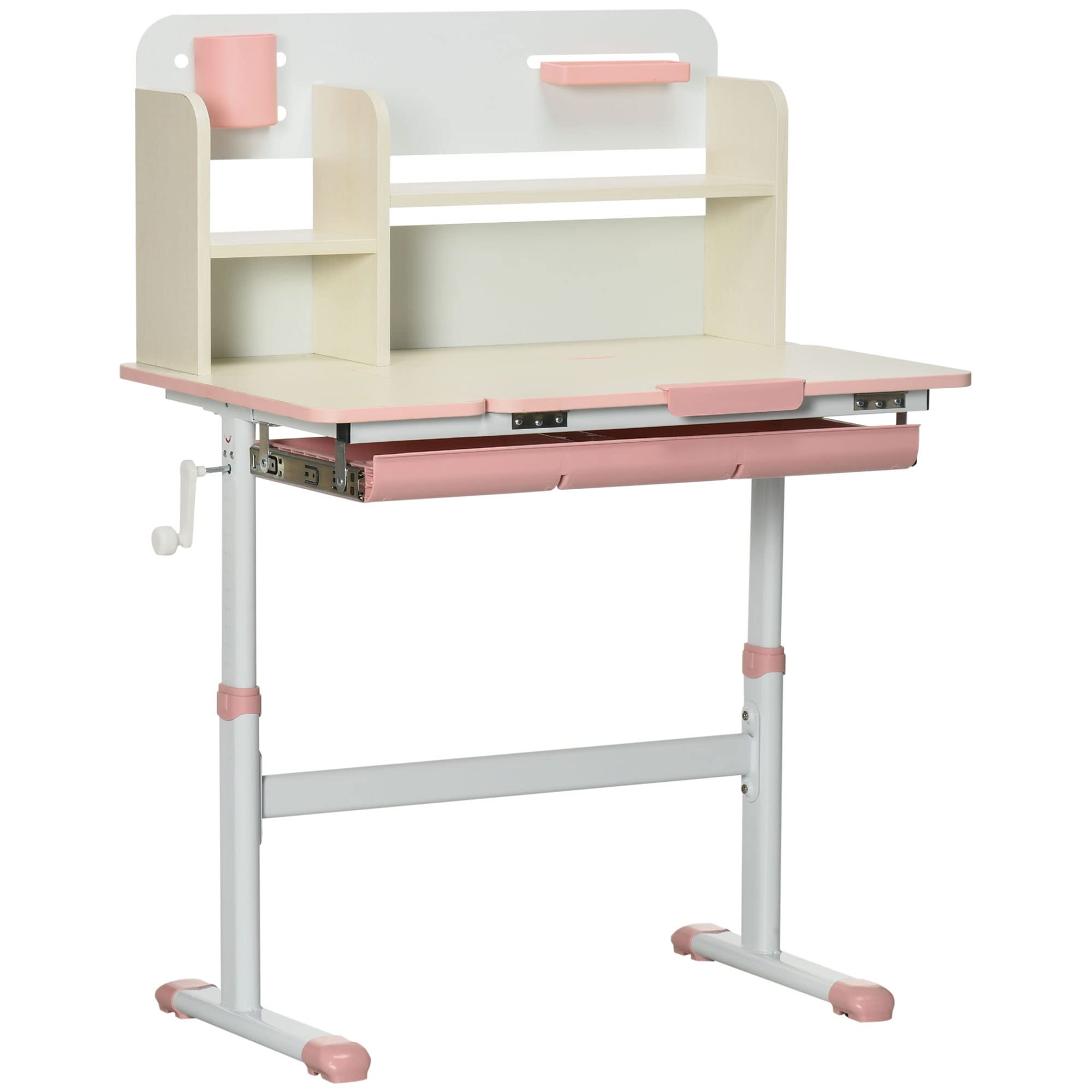 Qaba Adjustable Height Wooden Kids Study Desk - Children's School Writing Table with Tilt Desktop, Drawer, Storage Shelf & Pen Holder - Perfect for Homeschooling, Online Learning & Bedroom Study (Pink)