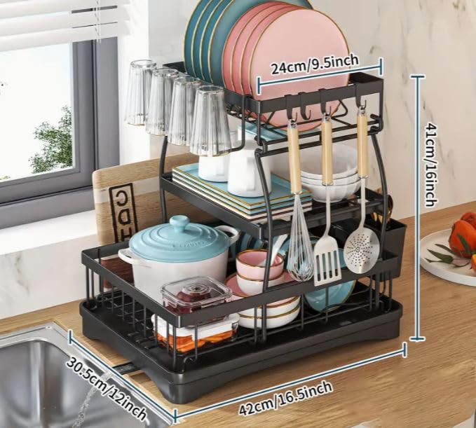 NYTRYD 2-Tier Carbon Steel Dish Drying Rack with Drainboard - Large Space Saving Kitchen Organizer for Plates, Cups & Utensils - Perfect for Small Kitchens, Apartments & RV Use