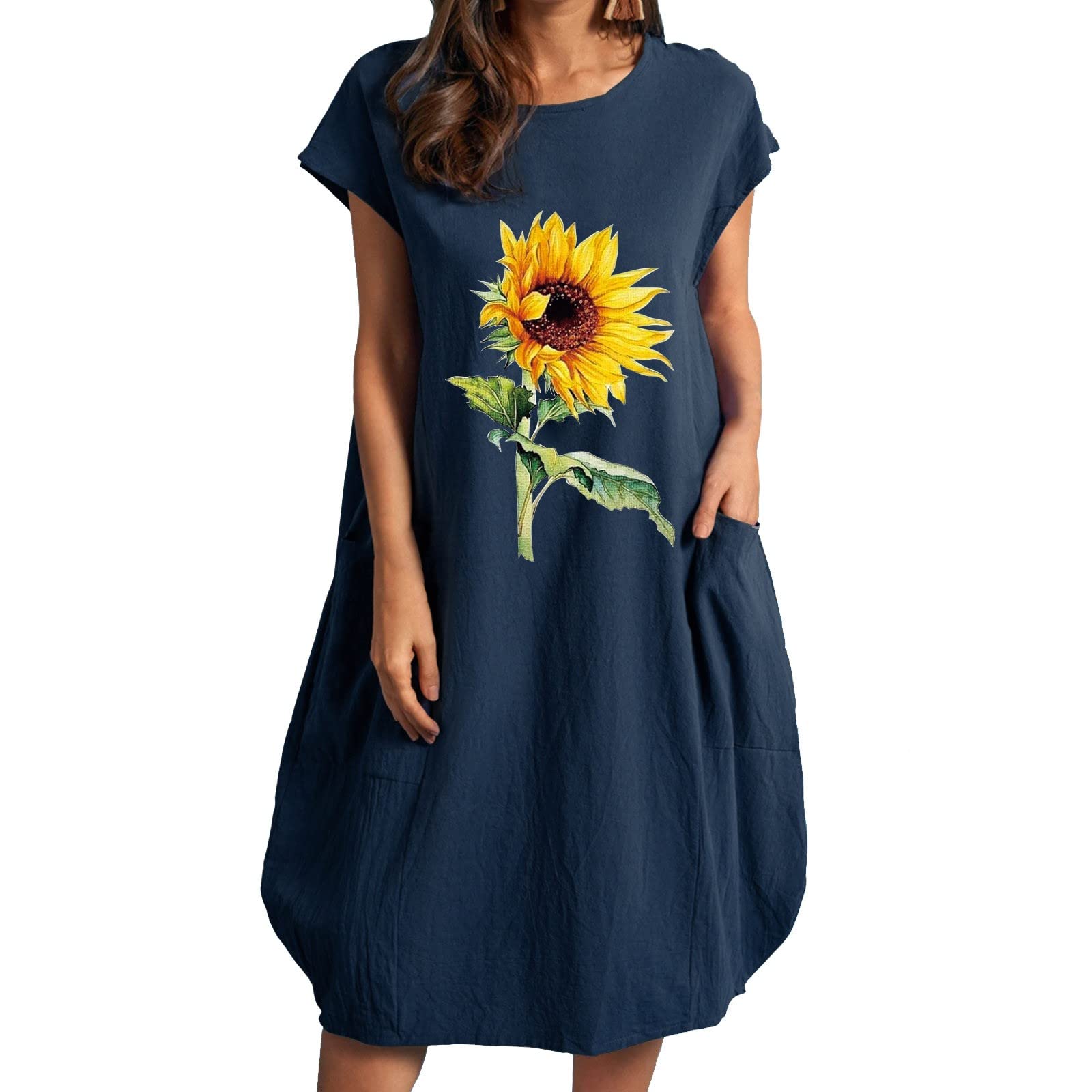Women's Casual Sunflower Printed Short Sleeve Summer Dress - Loose Fit Round Neck Cotton Dress with Pockets | Perfect for Beach Outings, Picnics & Summer Vacations