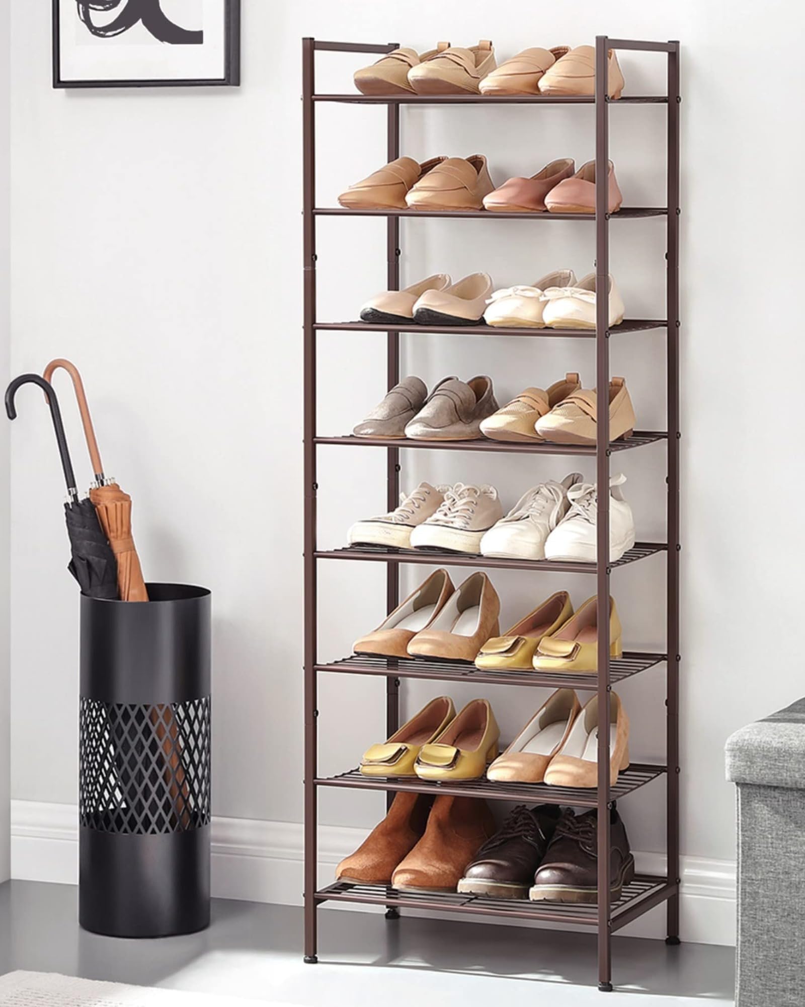 SONGMICS 8-Tier Narrow Shoe Rack - Slim Metal Shoe Storage Organizer for Small Spaces, Entryway & Closet | Sturdy Bronze Shelf for Shoes, Boots & Sneakers | Perfect for Apartments, Dorms & Tight Spaces